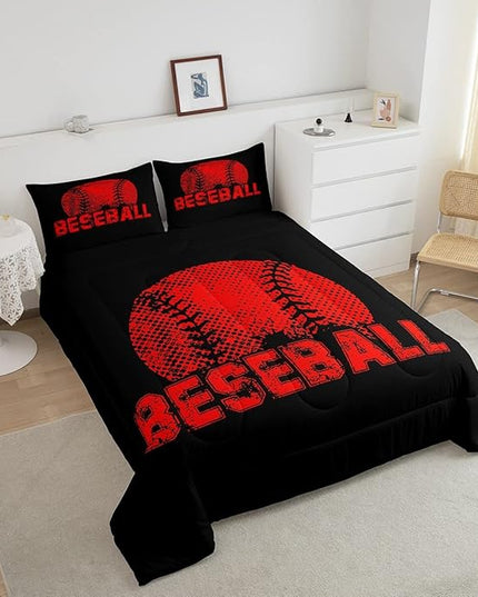 Erosebridal Kids Baseball King Size Bedding Set Red Black Sports Comforter Set for Boys Girls Teen,Reversible Black Quilt Comforter Soft Lightweight for All Season,1 Comforter and 2 Pillow Cases - LeafyLoom