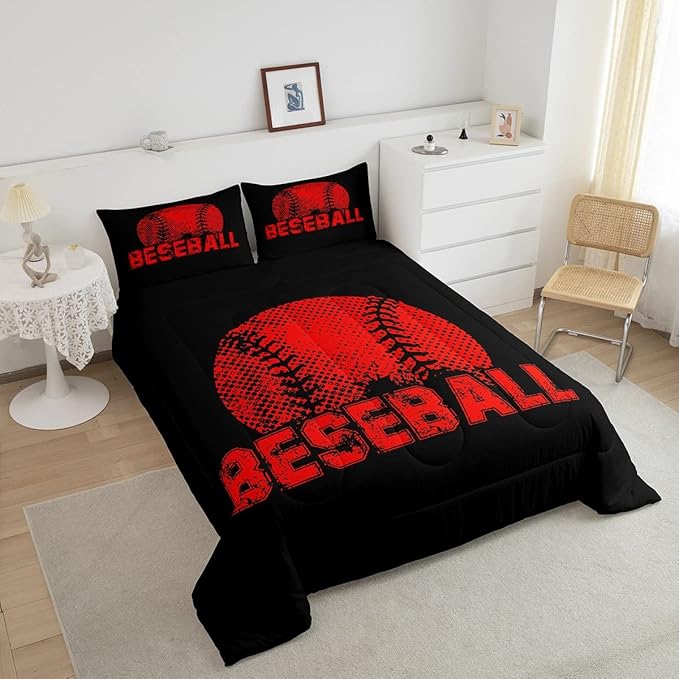 Erosebridal Kids Baseball King Size Bedding Set Red Black Sports Comforter Set for Boys Girls Teen,Reversible Black Quilt Comforter Soft Lightweight for All Season,1 Comforter and 2 Pillow Cases - LeafyLoom