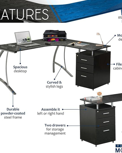 Techni Mobili Modern Computer File Cabinet and Storage L-Shaped Desk, Espresso - LeafyLoom