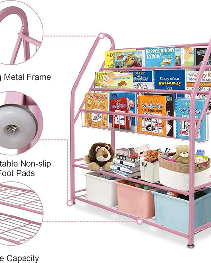 aboxoo Metal Kids Bookshelf Pink Bookcase Freestanding for Children Girls Room 32 inches Large Toddler Pink Stable Bookcase Bookstore Library Book Unit Storage - LeafyLoom