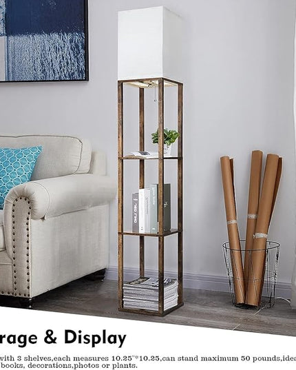 Floor Lamp with Shelves, Modern Standing Shelf Lamp with 3 CCT LED Bulb and White Shade for Living Room Bedroom and Office Deco-Brown - LeafyLoom