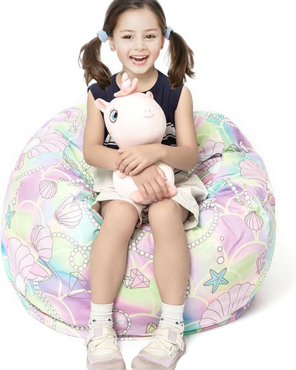 Stuffed Animal Storage Bean Bag Chair Cover, Hold Kids Plush Toys Blankets Towels Beanbag (Cover Only), Canvas Floor Circle Stuff Sit Seat Sofa with YKK Zipper, Large 32", Pink Shell - LeafyLoom