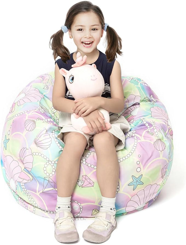 Stuffed Animal Storage Bean Bag Chair Cover, Hold Kids Plush Toys Blankets Towels Beanbag (Cover Only), Canvas Floor Circle Stuff Sit Seat Sofa with YKK Zipper, Large 32", Pink Shell - LeafyLoom