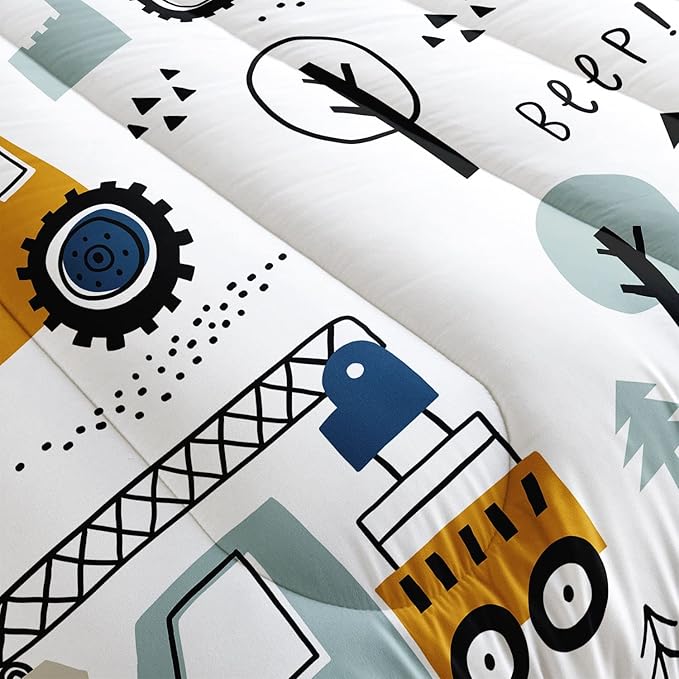Datura home Kids Cartoon Excavator Bedding Comforter Sets for Boy and Girls,Construction Truck Bulldozer Tree Pattern Comforter Set with 2 Pillowcase and 1 Comforter(Excavator Full) - LeafyLoom