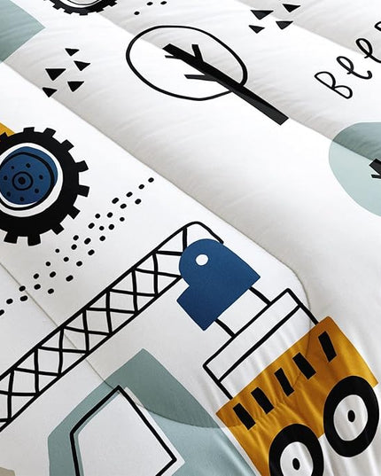 Datura home Kids Cartoon Excavator Bedding Comforter Sets for Boy and Girls,Construction Truck Bulldozer Tree Pattern Comforter Set with 2 Pillowcase and 1 Comforter(Excavator Queen) - LeafyLoom