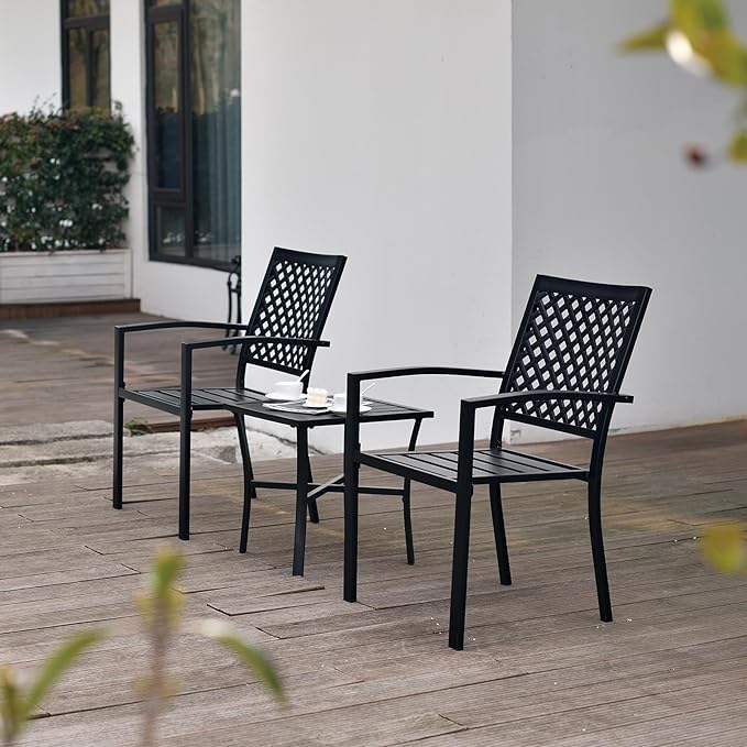 3 Piece Iron Bistro Set Stackable Outdoor Patio Furniture Set with 2 Large Comfortable Porch Chairs and Metal Coffee Table, Black - LeafyLoom
