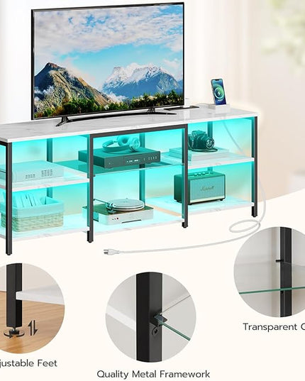HOOBRO LED TV Stand for 65 Inch TVs with Charging Station, Gaming Entertainment Center with 3-Tier Open Storage, Long Media TV Console Table, TV Stand for Living Room, Bedroom, Marble White BM20UDDS01 - LeafyLoom