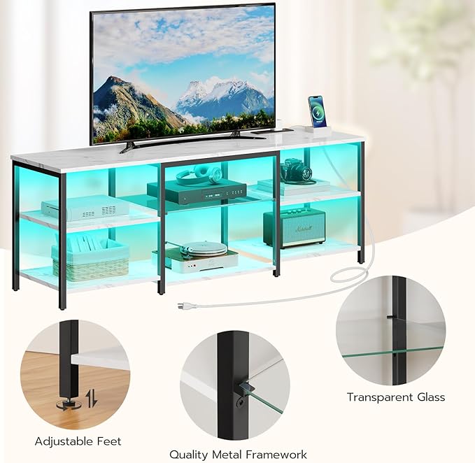 HOOBRO LED TV Stand for 65 Inch TVs with Charging Station, Gaming Entertainment Center with 3-Tier Open Storage, Long Media TV Console Table, TV Stand for Living Room, Bedroom, Marble White BM20UDDS01 - LeafyLoom