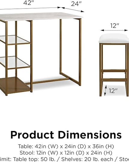 Dorel Living Tanner 3-Piece Brass Pub Set with Faux Marble Top, White - LeafyLoom