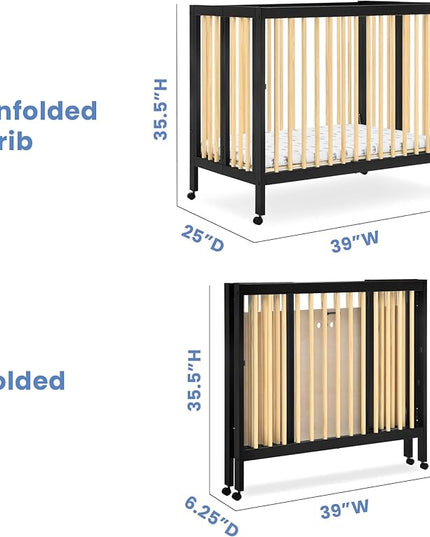 Delta Children Mia Portable Folding Mini Crib with 1.5-Inch Mattress - Greenguard Gold Certified, Ebony Black/Natural - LeafyLoom