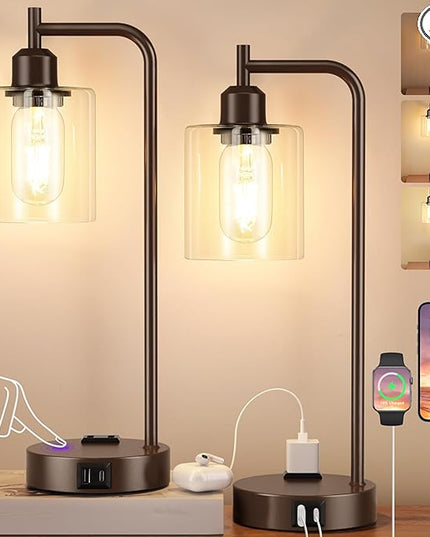 Innqoo Industrial Touch Table Lamps for Bedrooms Set of 2-3-Way Dimmable Lamps with USB C+A Ports and Outlet, Brown Bedside Lamps with Clear Glass Shade for Living Room, Desk Lamps for Home Office - LeafyLoom