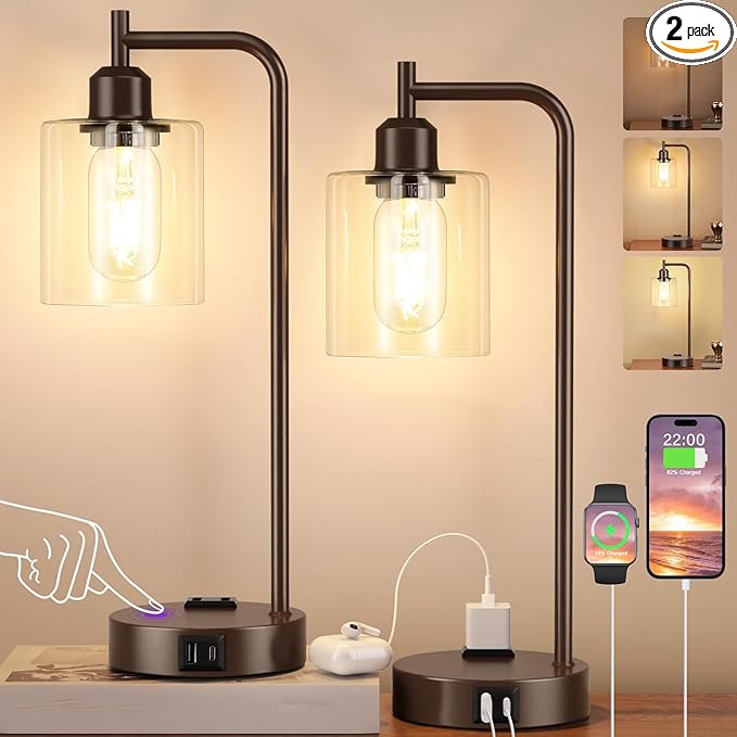 Innqoo Industrial Touch Table Lamps for Bedrooms Set of 2-3-Way Dimmable Lamps with USB C+A Ports and Outlet, Brown Bedside Lamps with Clear Glass Shade for Living Room, Desk Lamps for Home Office - LeafyLoom