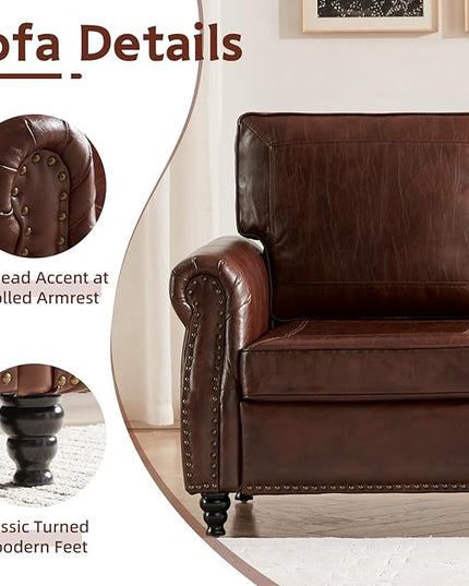 Dreamsir 79'' Traditional Faux Leather Sofa Couch with Nailhead Trim, Classic 3-Seater Sofa with Rolled Arms for Living Room, Bedroom, Apartment, Easy to Install (Retro Brown) - LeafyLoom
