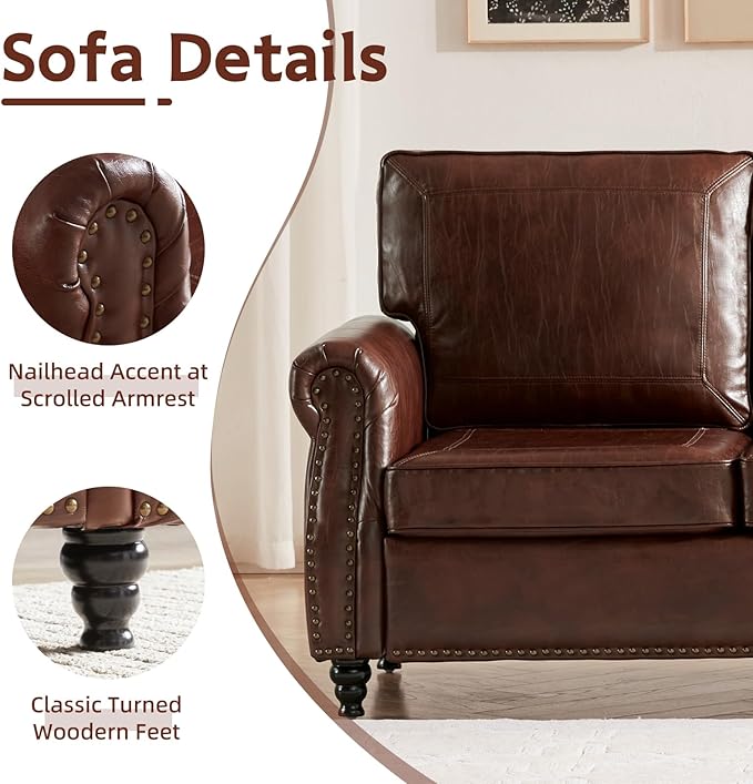 Dreamsir 79'' Traditional Faux Leather Sofa Couch with Nailhead Trim, Classic 3-Seater Sofa with Rolled Arms for Living Room, Bedroom, Apartment, Easy to Install (Retro Brown) - LeafyLoom