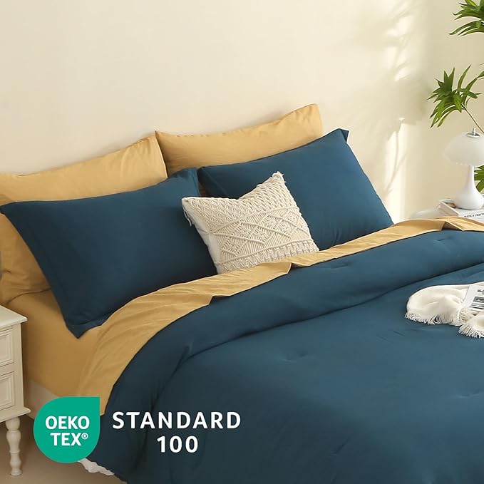 MILDLY California King Size Comforter Set 7 Piece Color Clash, Peacock Blue Bed in a Bag, All Season Bedding Sets with 1 Comforter, 2 Pillow Shams, 2 Pillowcases, 1 Flat Sheet, 1 Fitted Sheet - LeafyLoom