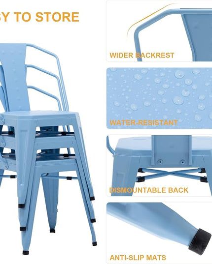 Modern Dining Chair Set of 4, Stackable Metal Chairs, Waterproof Counter Bar Chairs with High Backrest, Quick Assembly Cafe Chairs, Tolix Style for Home, Kitchen and Bar Use, Blue - LeafyLoom
