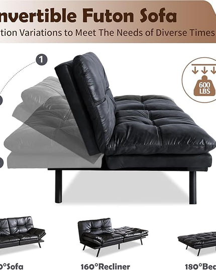 Futon Sofa Bed, Memory Foam Futon Sleeper Sofa Loveseat Convertible Couch Bed for Small Compact Living Spaces,Apartment,Black Leather - LeafyLoom