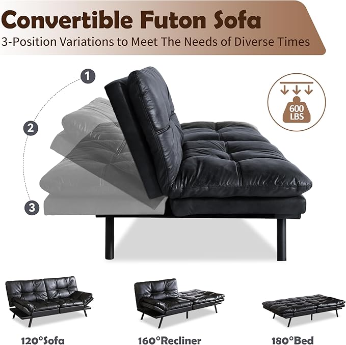 Futon Sofa Bed, Memory Foam Futon Sleeper Sofa Loveseat Convertible Couch Bed for Small Compact Living Spaces,Apartment,Black Leather - LeafyLoom