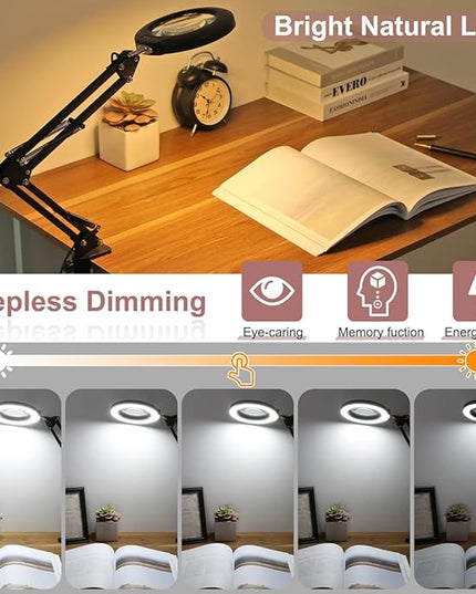 Veemagni 8X Magnifying Glass with Light, 5 Color Modes Stepless Dimmable, Adjustable Swing Arm LED Lighted Desk Lamp with Clamp, Hands Free Magnifier with Light and Stand for Craft Hobby Close Works - LeafyLoom