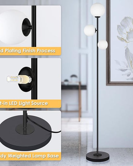 3 Globe Vintage Floor Lamp - 3 Color Options Moderm Floor Lamps for Living Room, Mid Century Standing lamp Home Decor for Bedrooms Office(Matte Black, LED Bulbs Included) - LeafyLoom