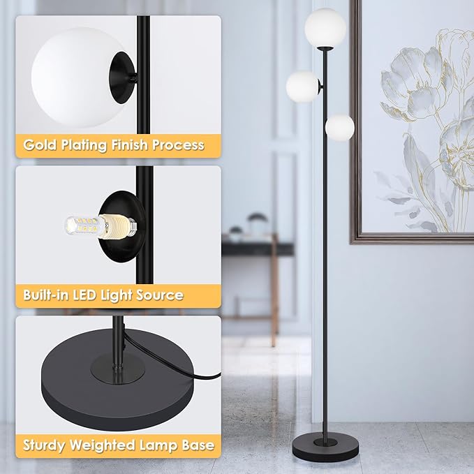 3 Globe Vintage Floor Lamp - 3 Color Options Moderm Floor Lamps for Living Room, Mid Century Standing lamp Home Decor for Bedrooms Office(Matte Black, LED Bulbs Included) - LeafyLoom