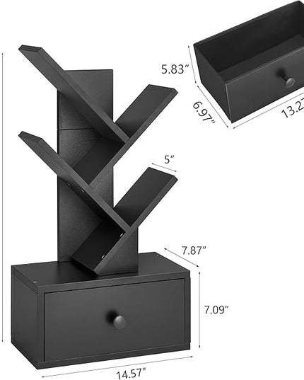 4 Tier Tree Bookshelf with Drawer, Small Tree Bookcase, Modern Table Top Book Shelf Organizer Shelves for Living Room, Bedroom, Home Office, Black - LeafyLoom