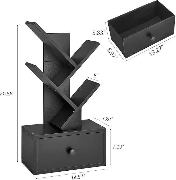 4 Tier Tree Bookshelf with Drawer, Small Tree Bookcase, Modern Table Top Book Shelf Organizer Shelves for Living Room, Bedroom, Home Office, Black - LeafyLoom