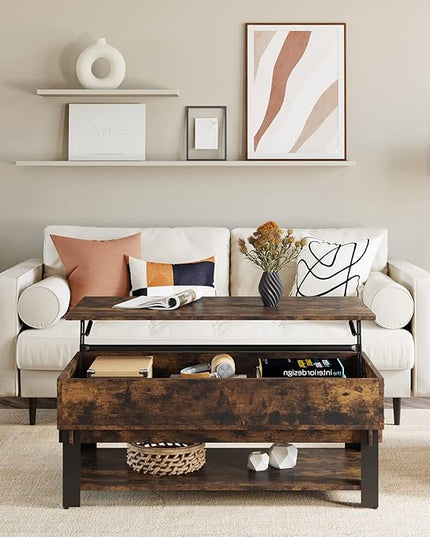 Novilla Modern Lift Top Coffee Table with Storage for Living Room Wodden Lift Tabletop Dining Table with Hidden Compartment and Metal Frame 40 Inch, Rustic Brown - LeafyLoom