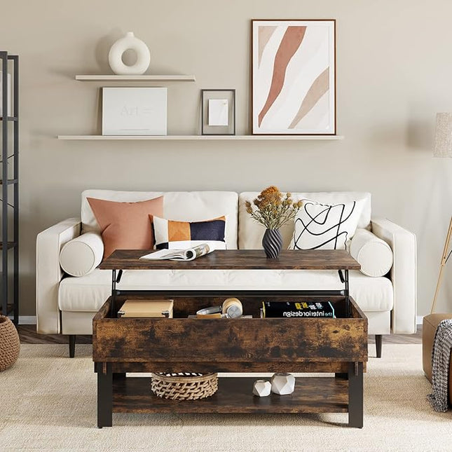 Novilla Modern Lift Top Coffee Table with Storage for Living Room Wodden Lift Tabletop Dining Table with Hidden Compartment and Metal Frame 40 Inch, Rustic Brown - LeafyLoom