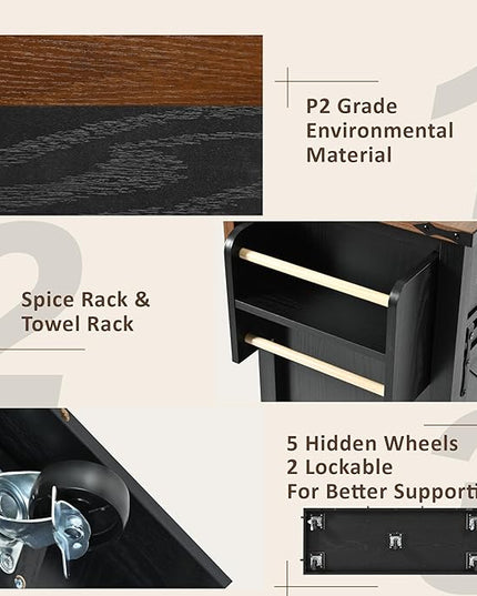 Farmhouse Island with Power Outlet, Rolling Kitchen-Cart with Drop Leaf, Storage Cabinet Table on Wheels w/Spice Rack and Drawer for Dining Room, Bar, 53, Black - LeafyLoom