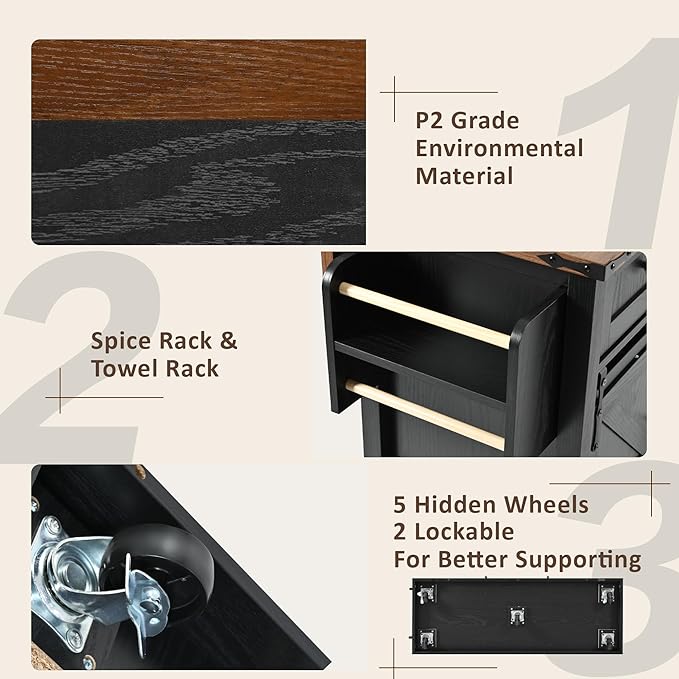53.7" Farmhouse Kitchen Island with Power Outlet,2 Sliding Barn Door Storage w/Drop Leaf and Spice Rack Rolling Carts on Wheels & Metal Handle,for Home,Dining Room,Black, 50.25" - LeafyLoom