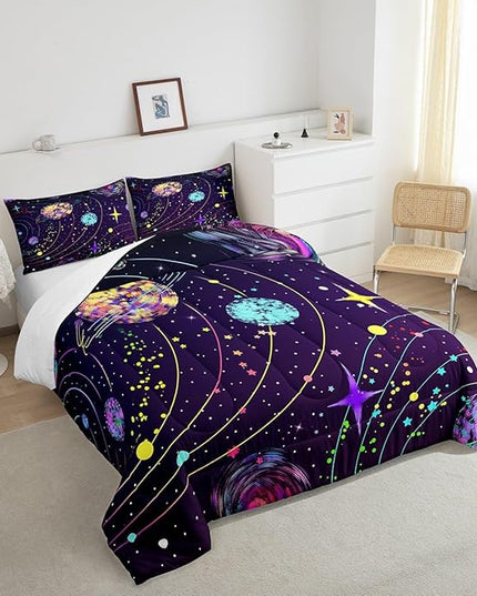 Feelyou Solar System Comforter Set Queen Size Outer Space Comforter for Kids Teens Adults Universe Planets Bedding Set Cute Astronaut Purple Duvet Set Room Decor 3Pcs with 2 Pillow Case - LeafyLoom
