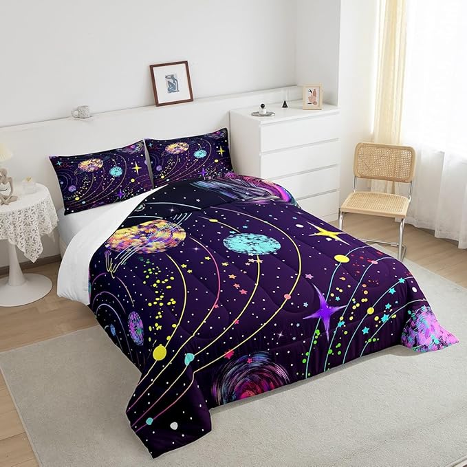 Feelyou Solar System Comforter Set Full Size Outer Space Comforter for Kids Teens Adults Universe Planets Bedding Set Cute Astronaut Purple Duvet Set Room Decor 3Pcs with 2 Pillow Case - LeafyLoom