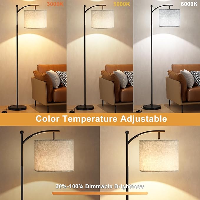 Ambimall Floor Lamp with Remote Control and Stepless Dimmable Bulb, Colors Temperature & Brightness Adjustable, Modern Floor Lamps for Living Room（Grey Shade & Black Pole） - LeafyLoom