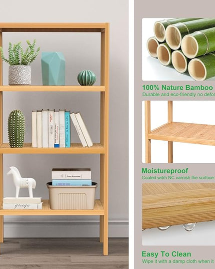 4 Tier Bamboo Shelf, Freestanding Book Shelf Bookcase Storage Rack for Bathroom Kitchen Living Room - LeafyLoom