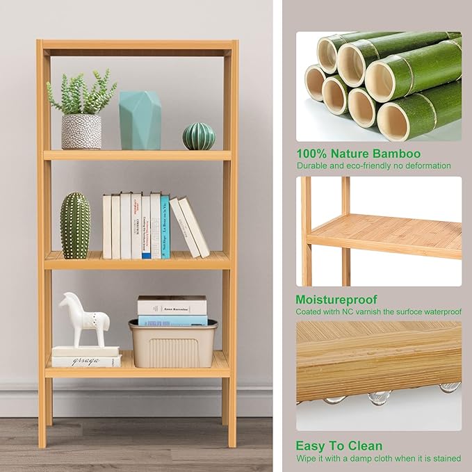 4 Tier Bamboo Shelf, Freestanding Book Shelf Bookcase Storage Rack for Bathroom Kitchen Living Room - LeafyLoom