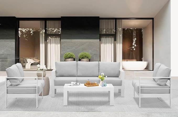 Wisteria Lane Aluminum Outdoor Patio Furniture Set, Modern Patio Conversation Sets, Outdoor Sectional Metal Sofa with 5 Inch Cushion and Coffee Table for Balcony, Garden, Light Grey - LeafyLoom