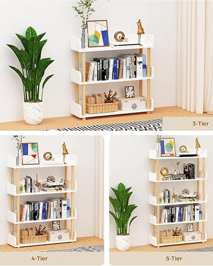 4-Tier Wooden Bookshelf, Modern Open Bookcase with Top Edge and Solid Wood Frame, Freestanding Bookshelf Storage Organizer for Home Office Living Room - LeafyLoom