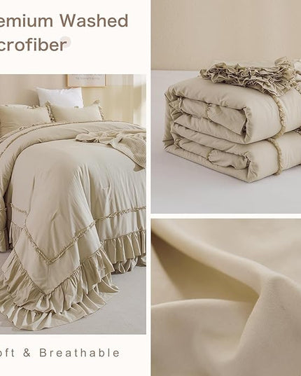 Oversized King Comforter 128x120,Farmhouse Shabby Boho Chic Ruffled Bedding Comforter Set,3pcs Extra Large King Size Wheat Ruffle Comforter Sets French Country Bedding Set Ultra Soft - LeafyLoom