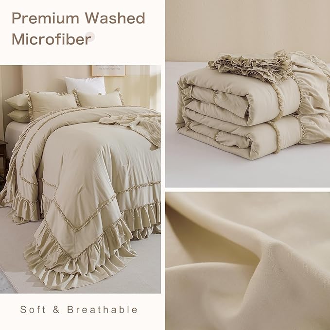 Oversized King Comforter 128x120,Farmhouse Shabby Boho Chic Ruffled Bedding Comforter Set,3pcs Extra Large King Size Wheat Ruffle Comforter Sets French Country Bedding Set Ultra Soft - LeafyLoom