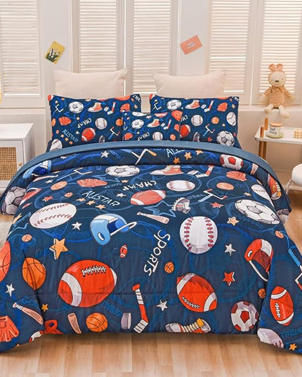 Sports Comforter Set with Sheet, 6 Pcs Bed in A Bag Twin Size Soccer Basketball Baseball Football Bedding Set for Boys Kids - LeafyLoom
