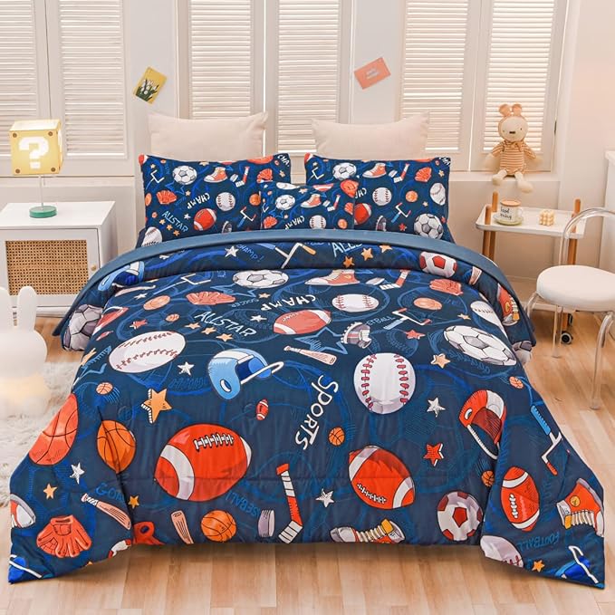 Sports Comforter Set with Sheet, 6 Pcs Bed in A Bag Twin Size Soccer Basketball Baseball Football Bedding Set for Boys Kids - LeafyLoom