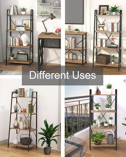 BON AUGURE Farmhouse Ladder Shelf Bookcase, 4 Tier Rustic Ladder Bookshelf, Standing Leaning Book Shelves for Living Room (Vintage Oak) - LeafyLoom