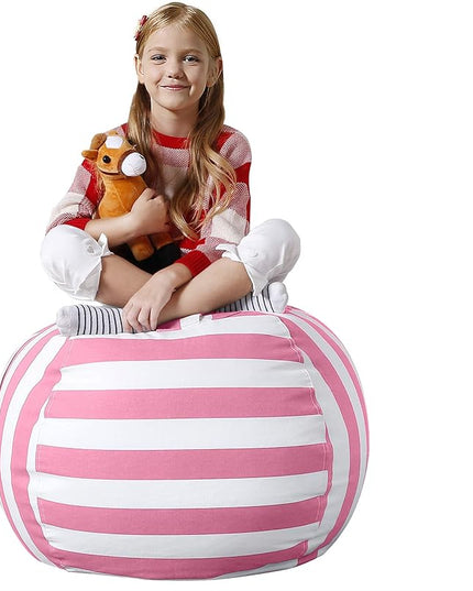 Aubliss Stuffed Animal Bean Bag Storage Chair, Beanbag Covers Only for Organizing Plush Toys, Turns into Bean Bag Seat for Kids When Filled, Medium 32"-Canvas Stripes Pink/White - LeafyLoom