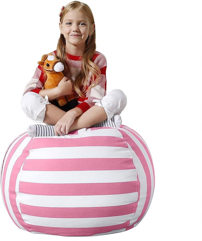 Aubliss Stuffed Animal Bean Bag Storage Chair, Beanbag Covers Only for Organizing Plush Toys, Turns into Bean Bag Seat for Kids When Filled, Medium 32"-Canvas Stripes Pink/White - LeafyLoom