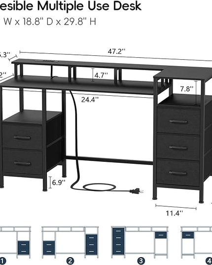 Computer Desk with Power Outlets & LED Lights, Gaming Desk with 5 Fabric Drawers for Bedroom, 47 Inch Home Office Desk with Monitor Stand & Storage Shelves for Working, Black - LeafyLoom