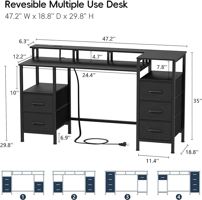 Computer Desk with Power Outlets & LED Lights, Gaming Desk with 5 Fabric Drawers for Bedroom, 47 Inch Home Office Desk with Monitor Stand & Storage Shelves for Working, Black - LeafyLoom