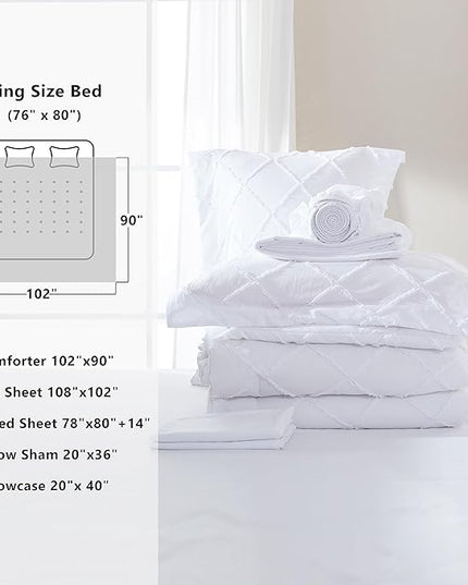White Comforter Set with Jacquard Tufted Design, Farmhouse Bedding Sets for All Seasons, Soft 7 Pieces King Bed in a Bag with Comforter, Flat Sheet, Fitted Sheet, Pillowcases & Shams - LeafyLoom