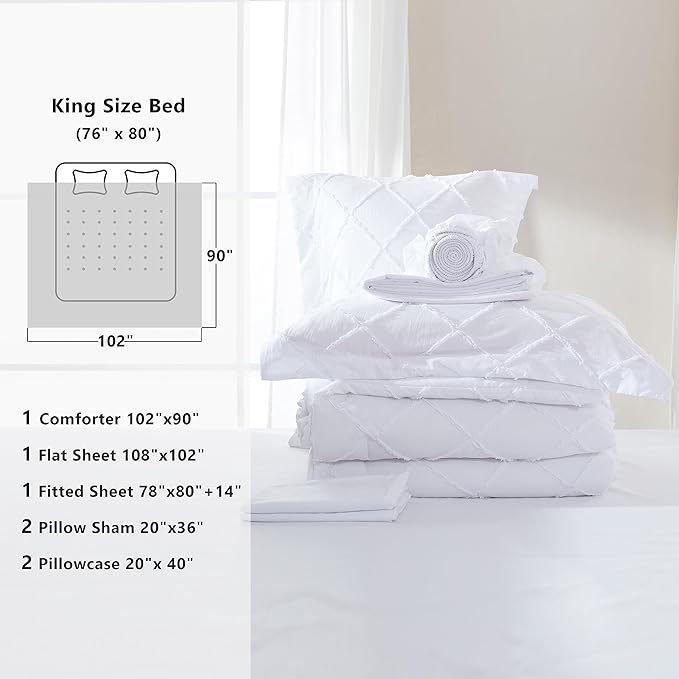 White Comforter Set with Jacquard Tufted Design, Farmhouse Bedding Sets for All Seasons, Soft 7 Pieces King Bed in a Bag with Comforter, Flat Sheet, Fitted Sheet, Pillowcases & Shams - LeafyLoom