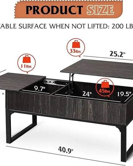 WLIVE Lift Top Coffee Table with Storage, Coffee Table with Lifting Top & Sliding Top, Wood Coffee Table for Living Room, Modern Center Table with 2 Hidden Compartment for Home, Office, Charcoal Black - LeafyLoom